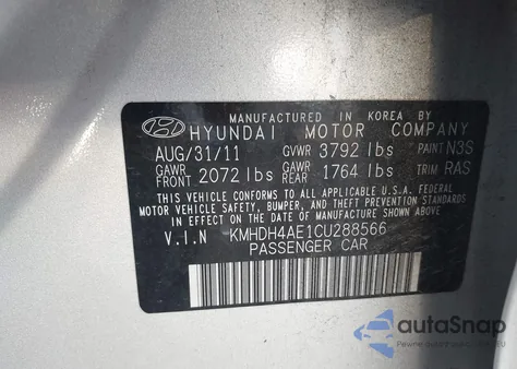 2012 Hyundai Elantra Gls (Ulsan Plant) from USA, damaged, VIN KMHDH4AE1CU288566